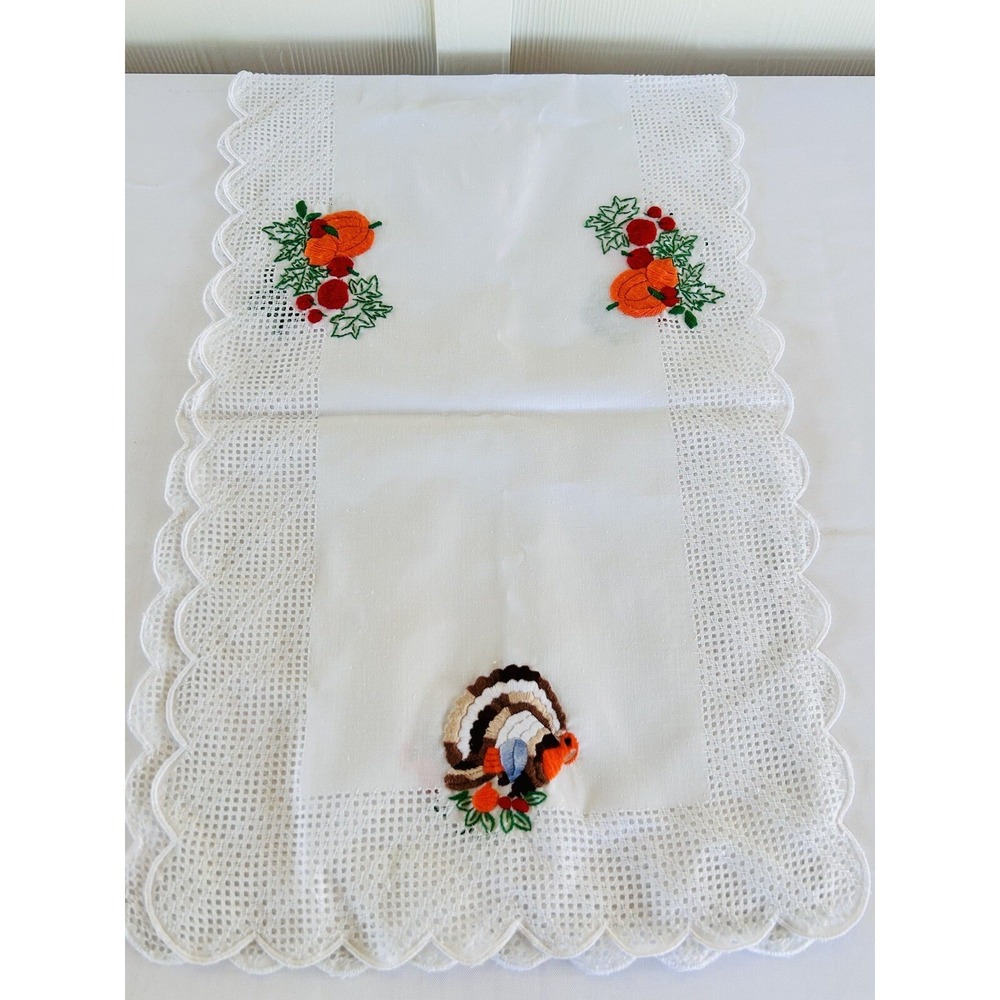 Thanksgiving Fall Table Runner White with Embroidery Turkey Pumpkin 44"X13 1/2"
